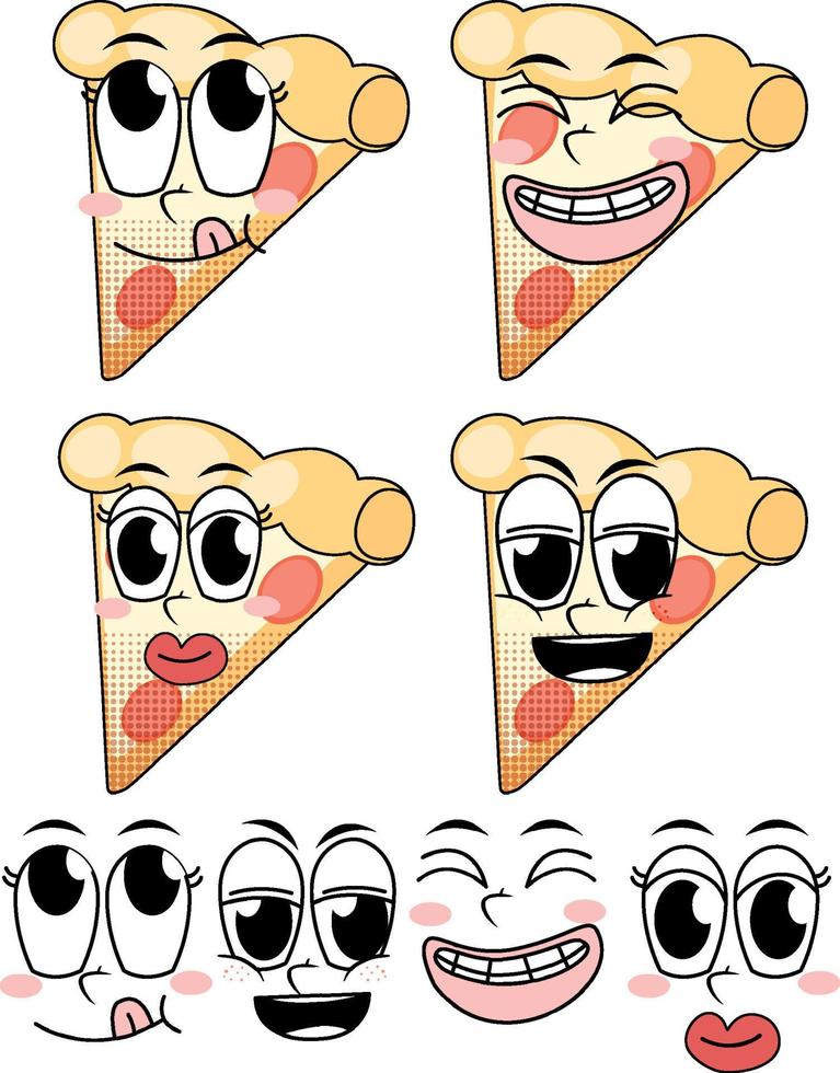 conjunto de dibujos animados de estilo vintage de expresión facial con pizza sobre fondo blanco vector