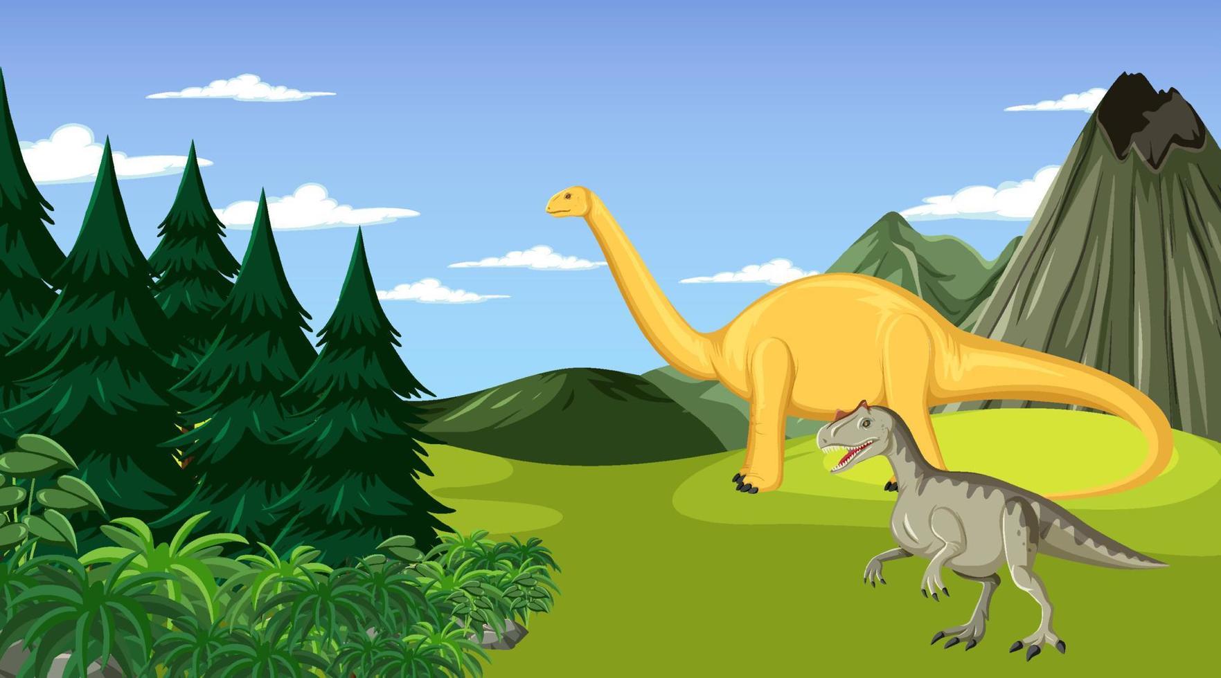 escena con dinosaurios en el campo vector