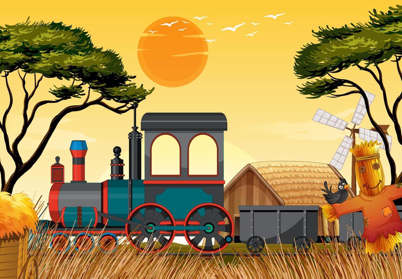 Train with natural scene farm scene vector