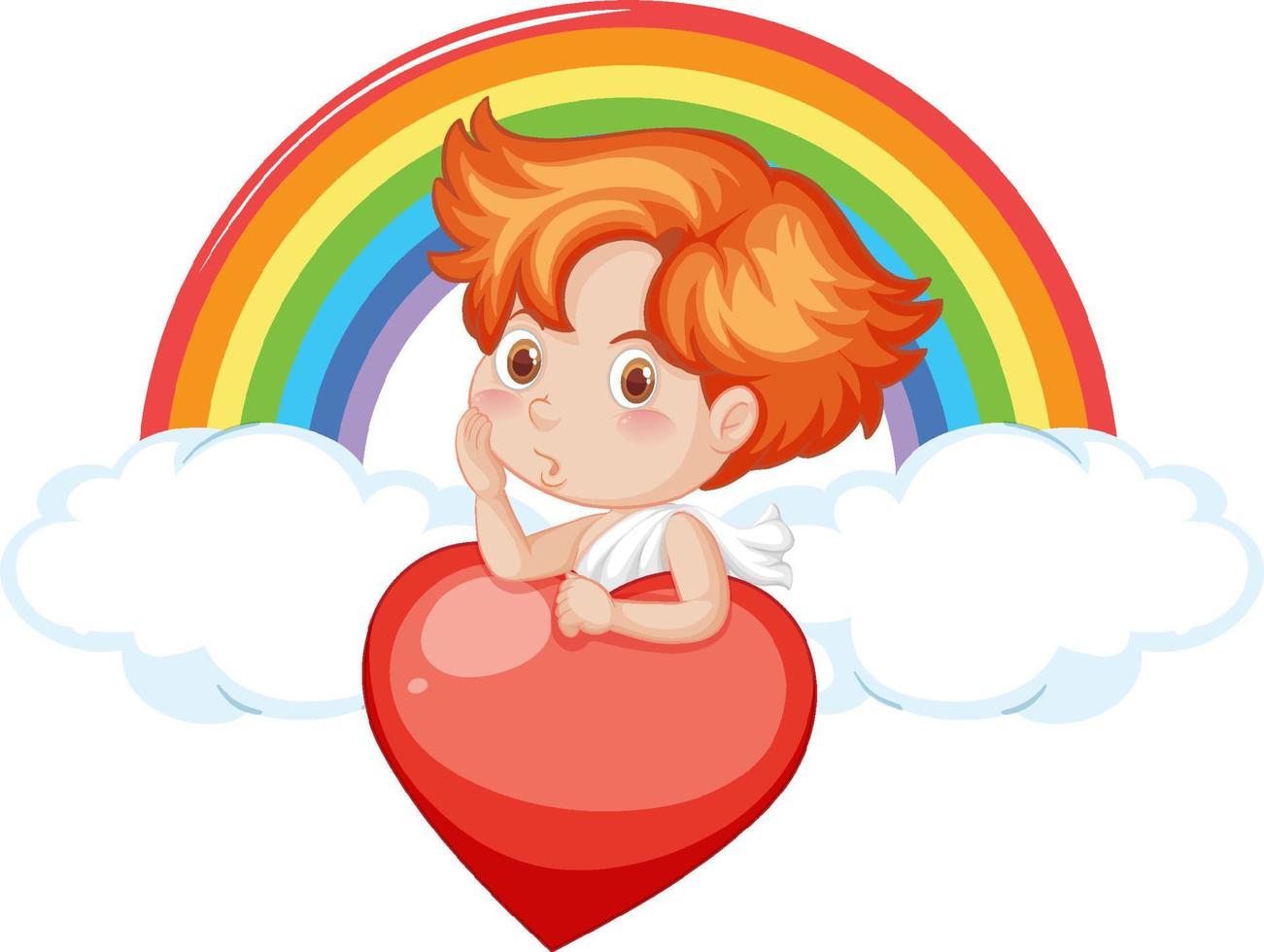 Angel boy holding red heart on rainbow background vector