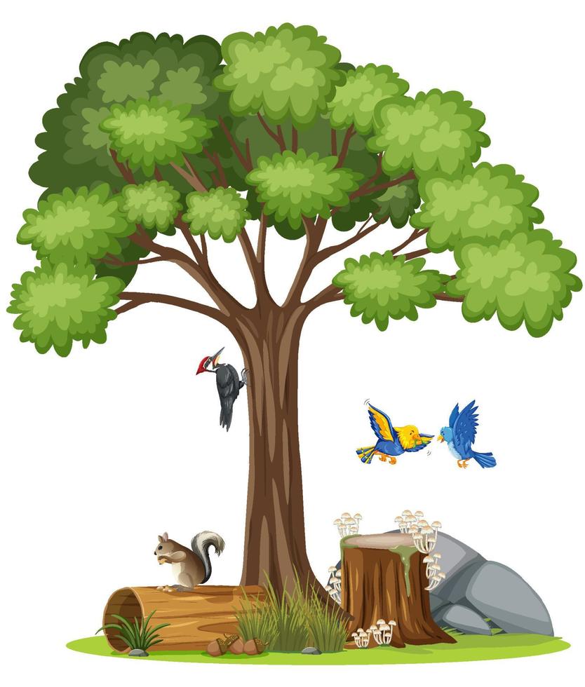 escena con pájaros volando junto al árbol vector