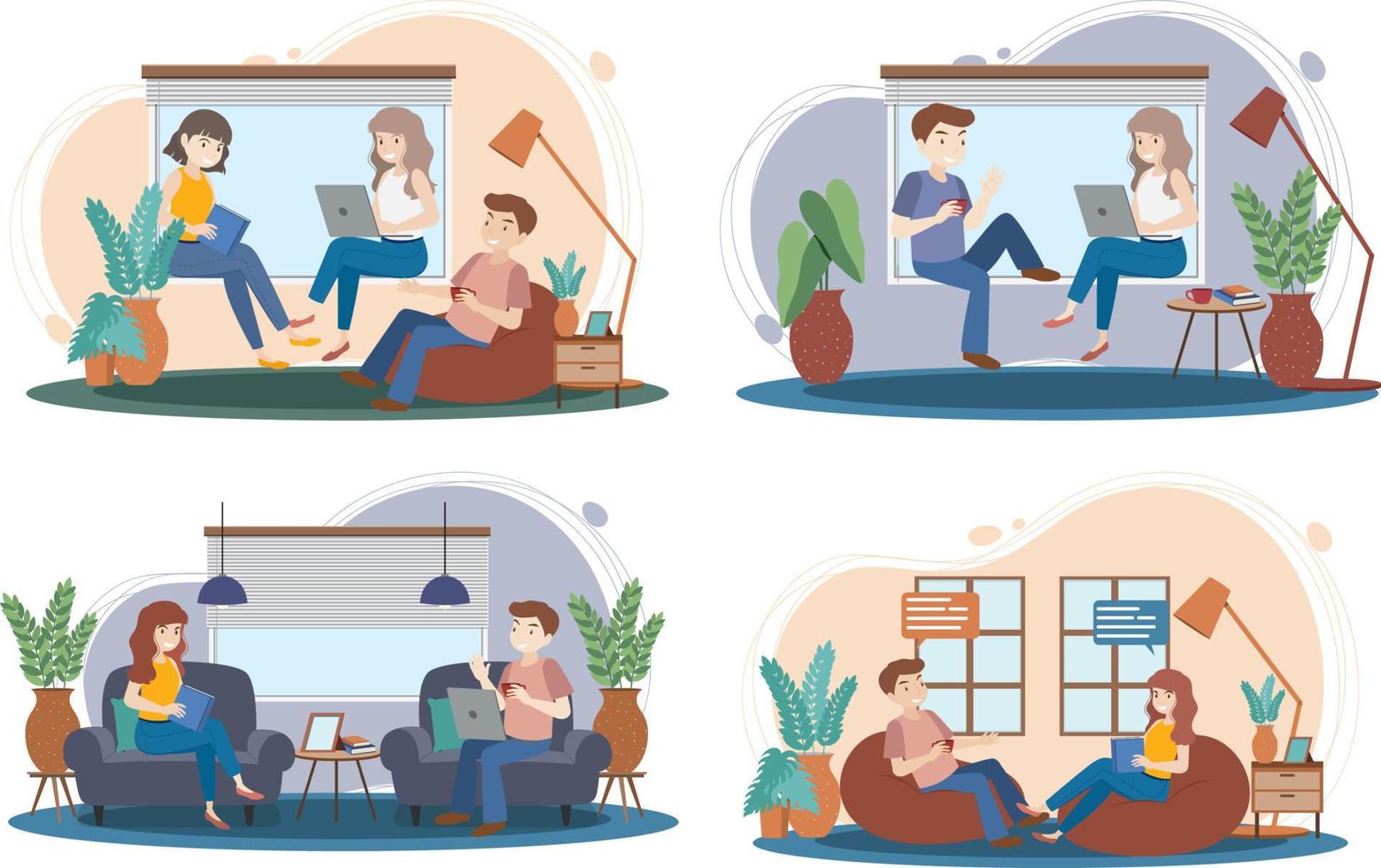 cuatro escenas de personas trabajando en casa. vector