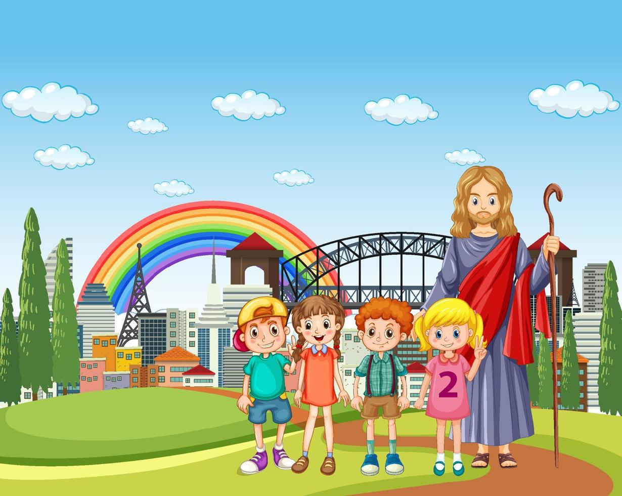 Jesus and children at the park vector