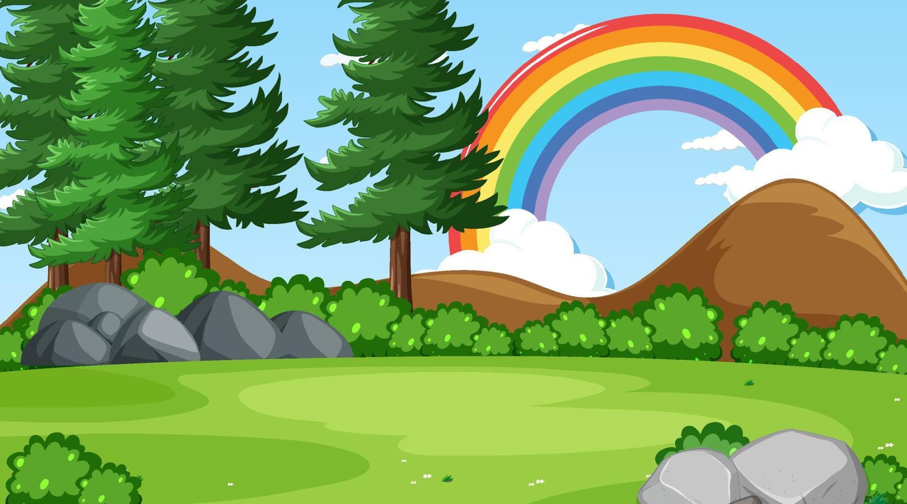 Nature forest scene with rainbow in the sky vector