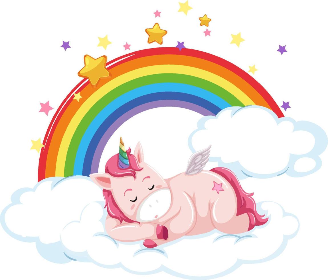 Pink unicorn lying on cloud with rainbow in cartoon style vector