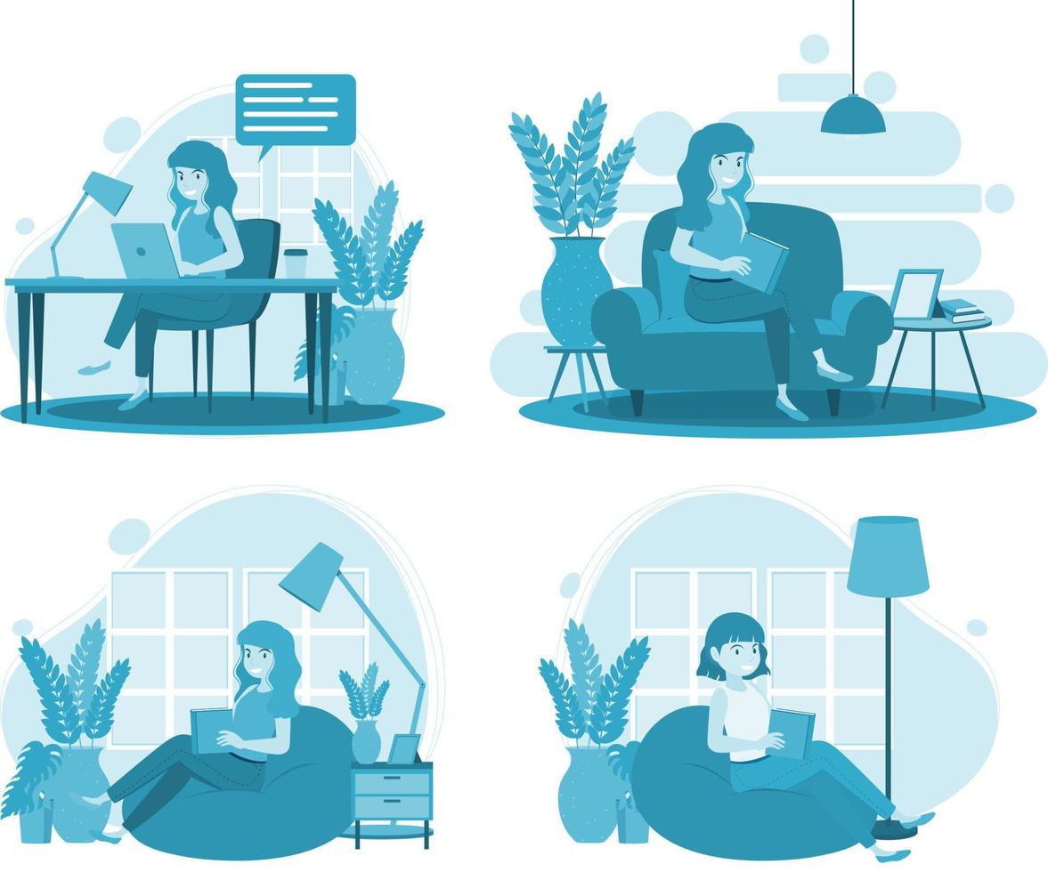 Four scenes of people working at home vector