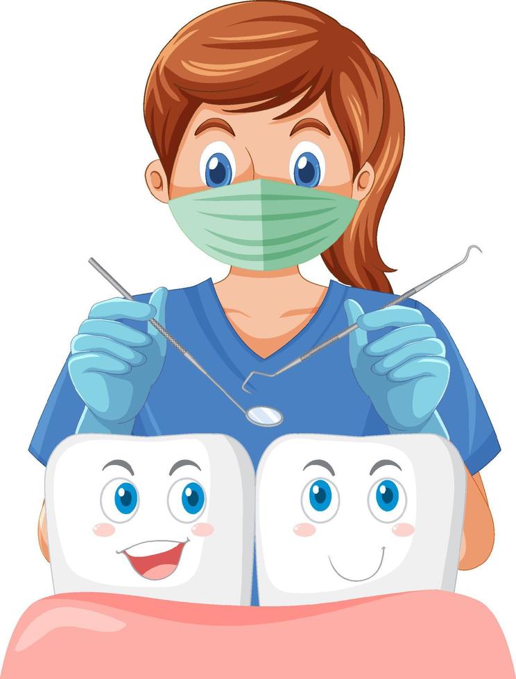 Dentist holding instruments and examining teeth on white background vector