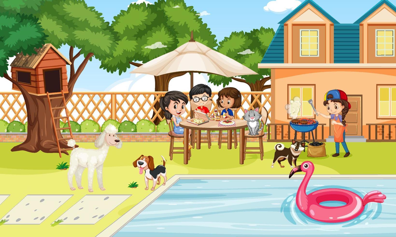 Scene of backyard with kids and fence vector