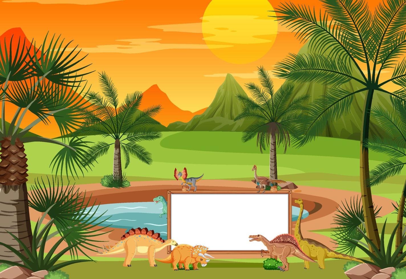 Scene with dinosaurs and whiteboard in the forest vector