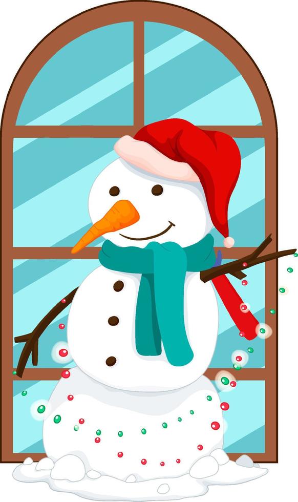 Snowman with christmas lights by the window vector