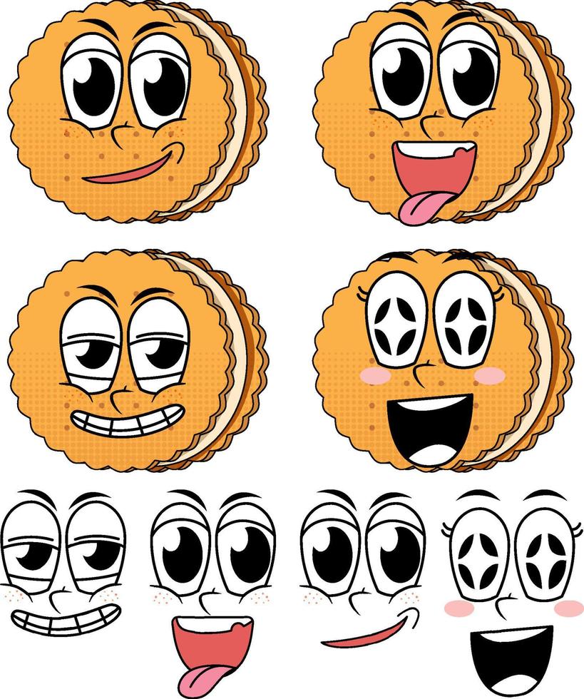 conjunto de dibujos animados de estilo vintage de expresión facial con galleta sobre fondo blanco vector