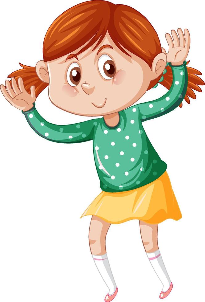 Little girl in green shirt dancing cartoon character on white background vector