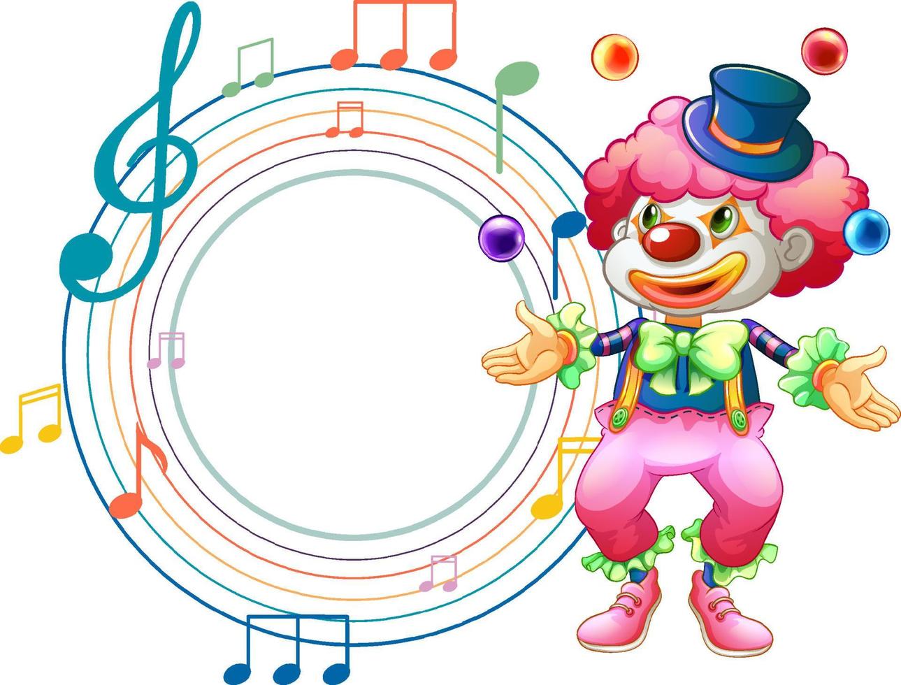 lindo payaso con plantilla de nota musical en blanco vector