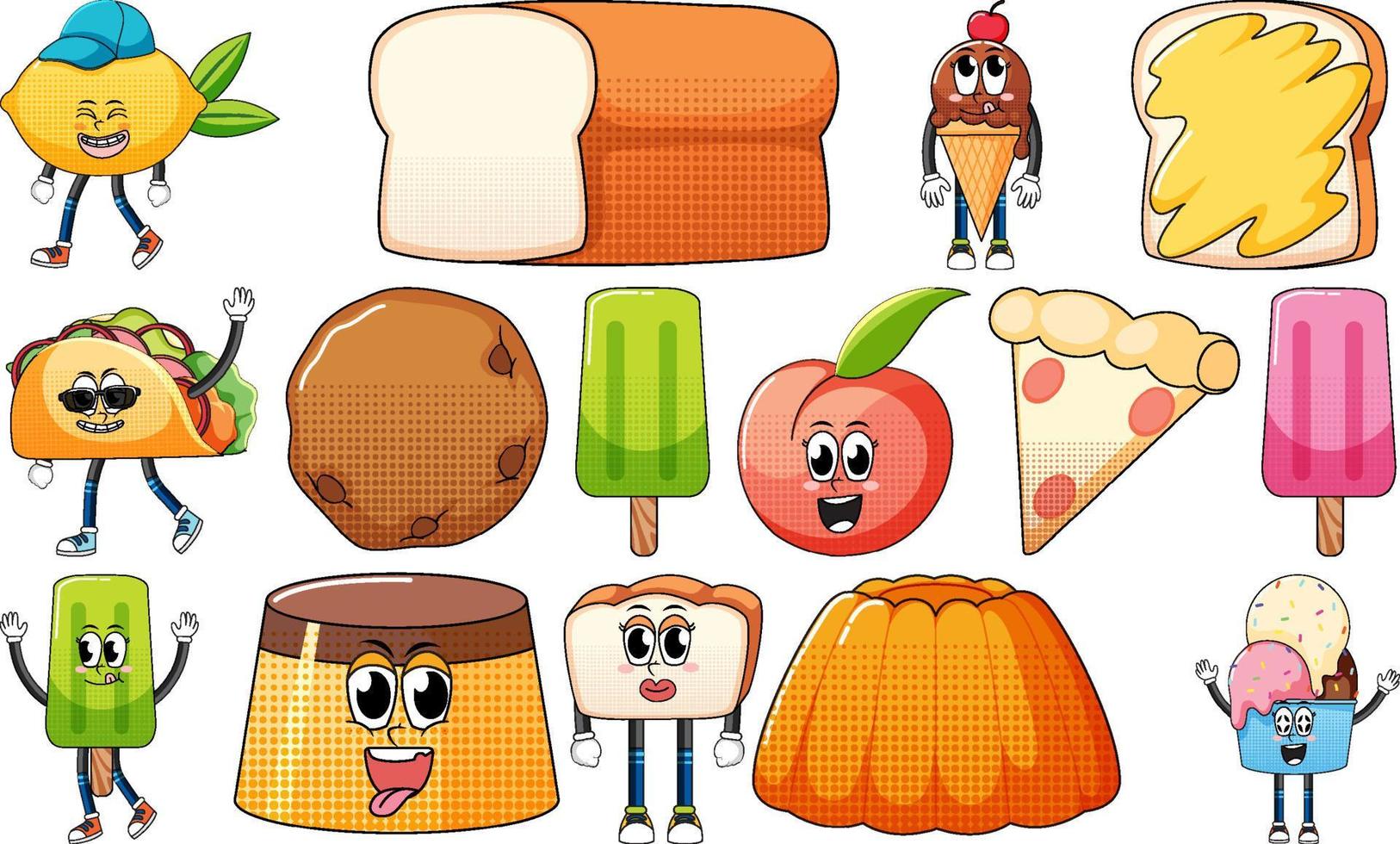 conjunto de expresiones faciales con dibujos animados de comida de estilo vintage sobre fondo blanco vector