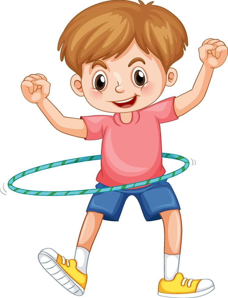 un niño jugando hulahoop sobre fondo blanco vector