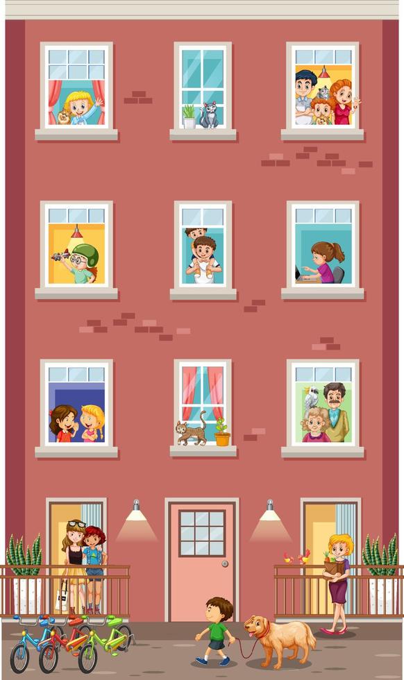 Apartment windows with neighbors cartoon character vector