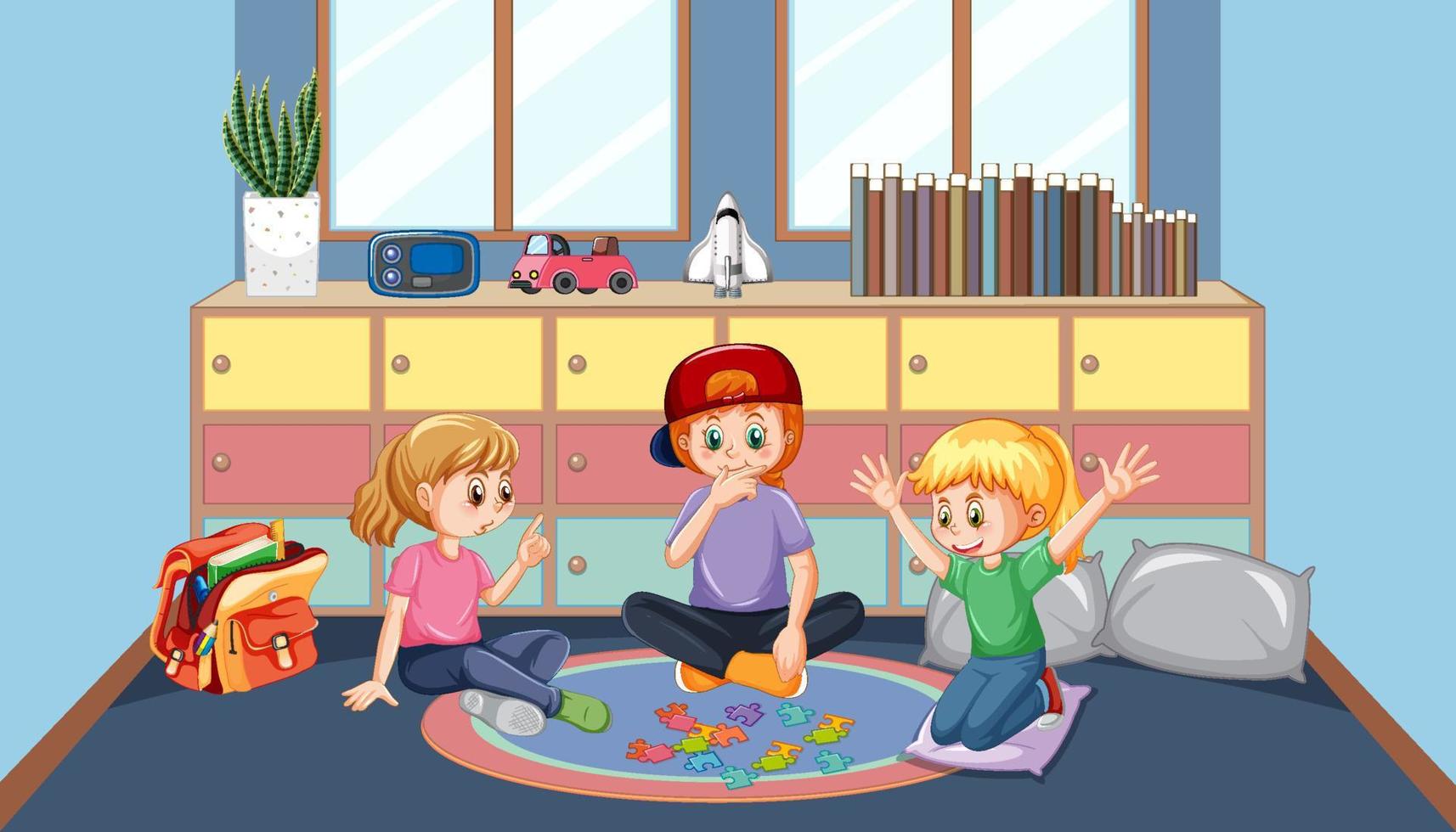 niños felices jugando rompecabezas en la habitación de los niños vector