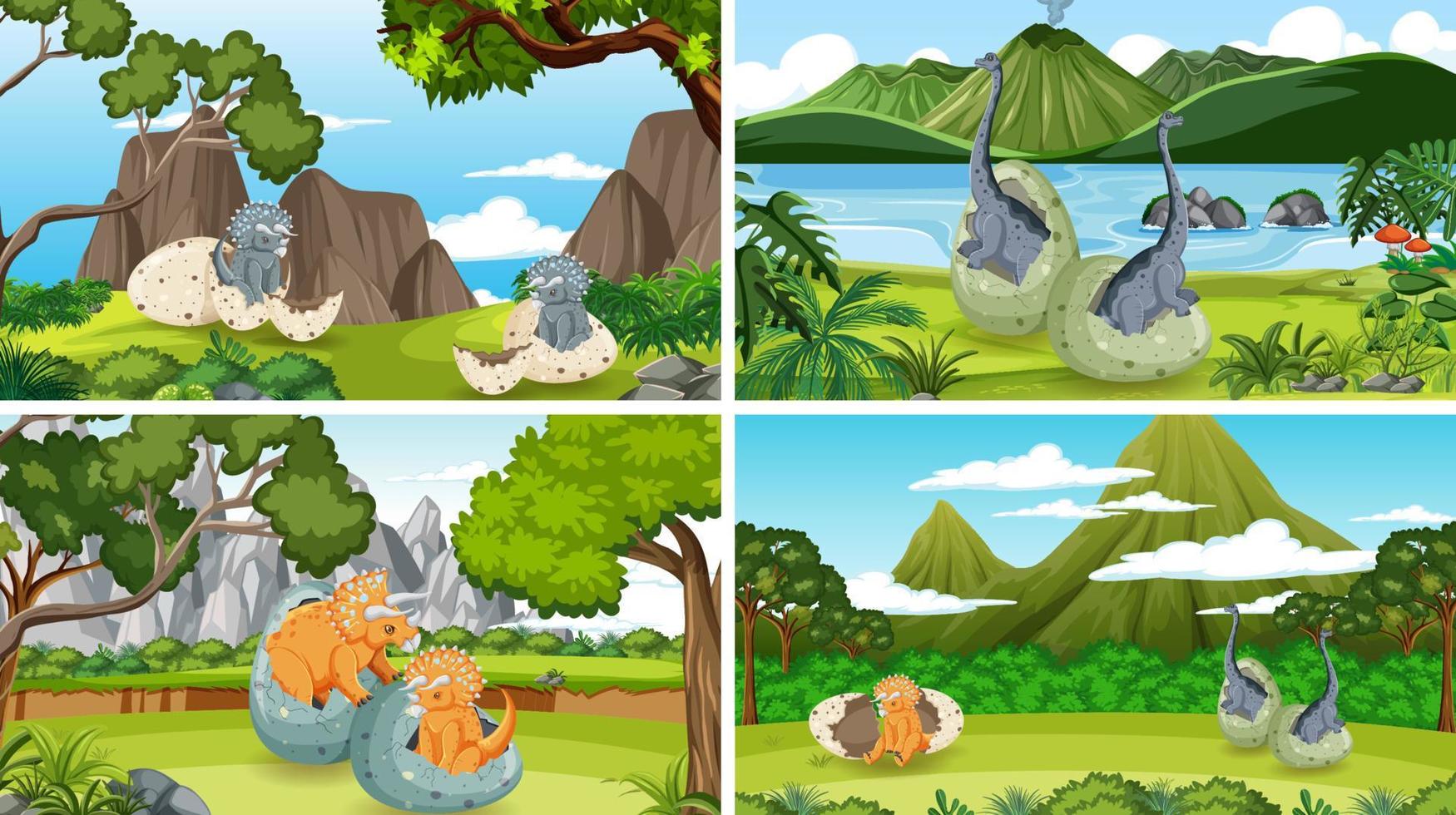 escenas con dinosaurios eclosionando vector