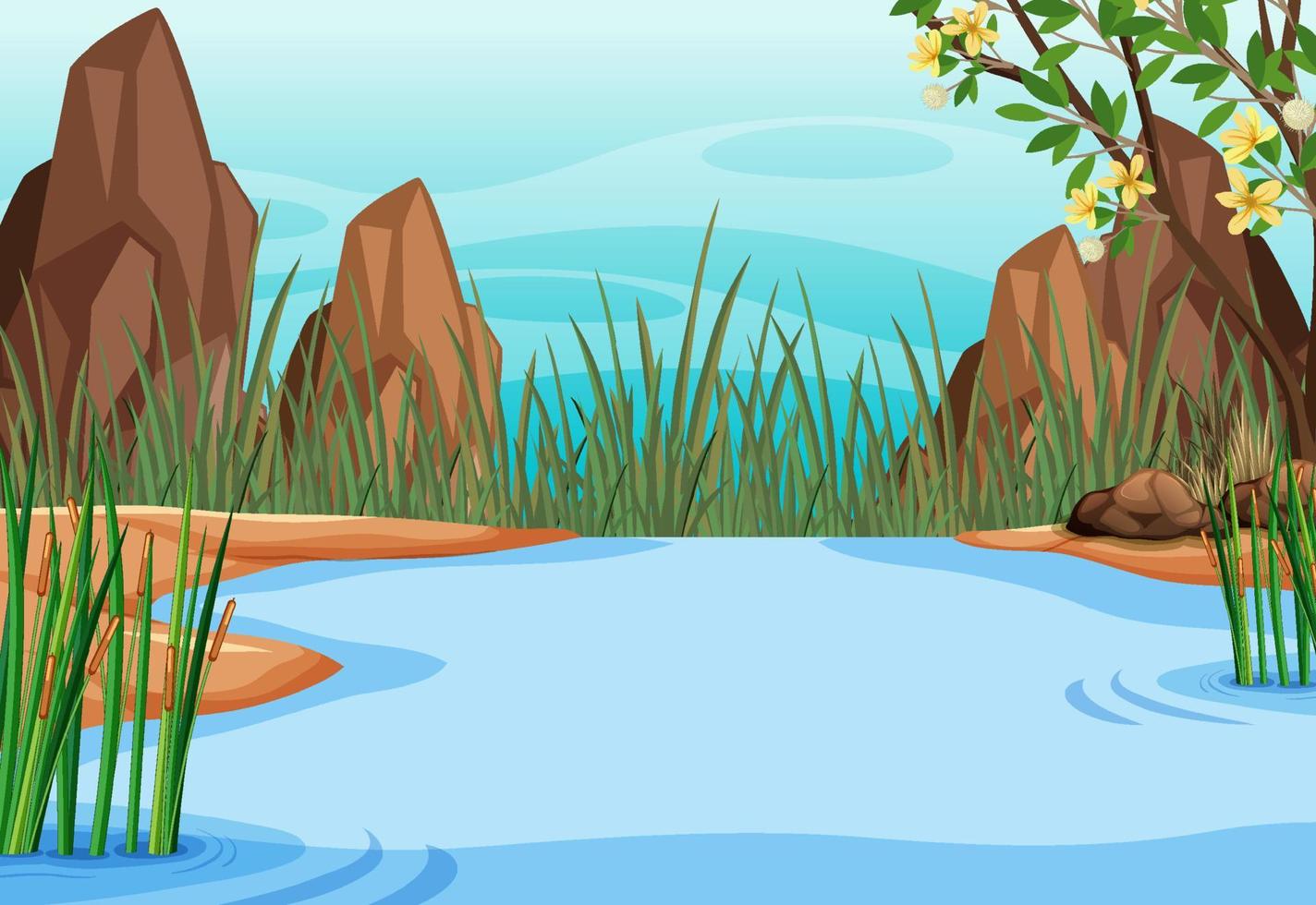 Pond forest bckground with rock mountains vector