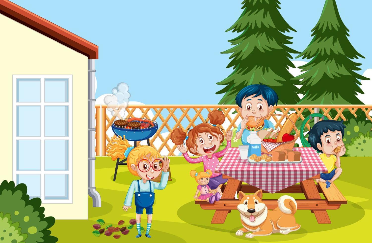 Scene of backyard with kids and fence vector
