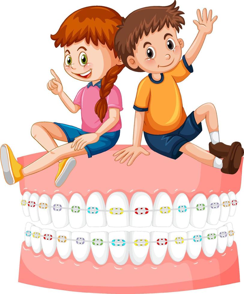 niños felices sentados en los dientes con frenos de fondo blanco vector