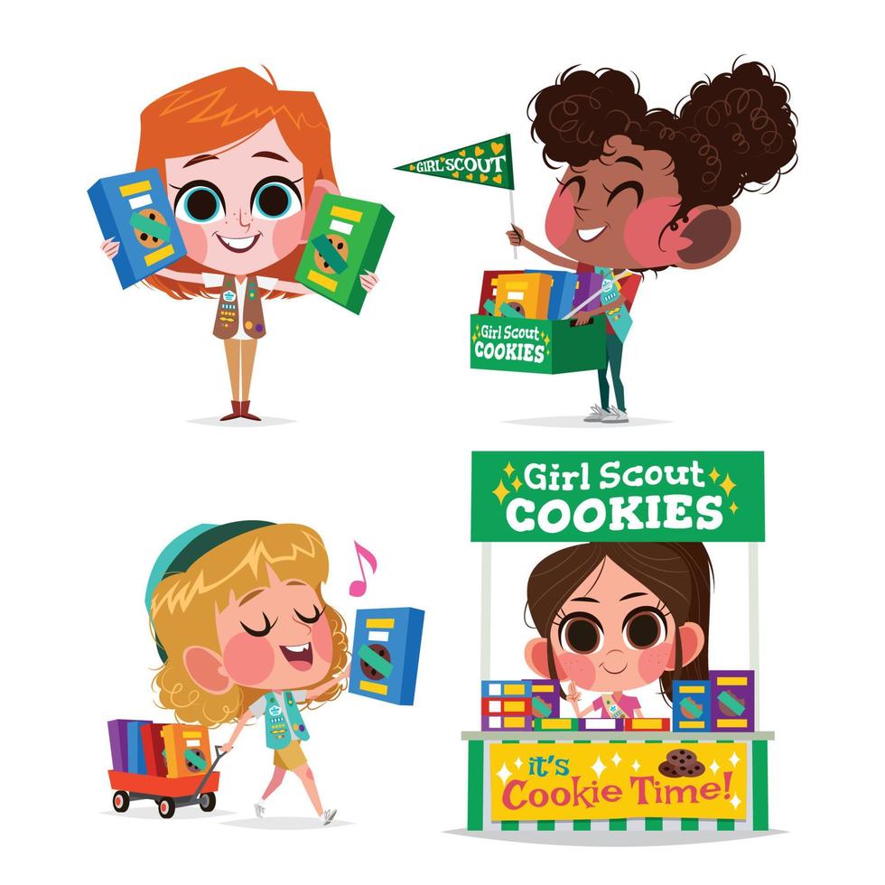 conjunto de concepto de personaje de cookies de girl scout vector