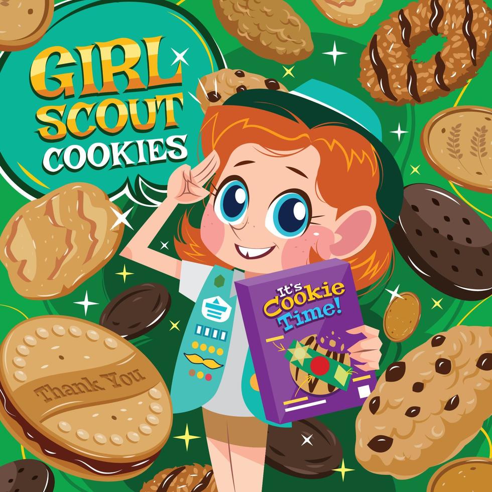 concepto de galletas de girl scout con girl scout promocionando una caja de galletas vector