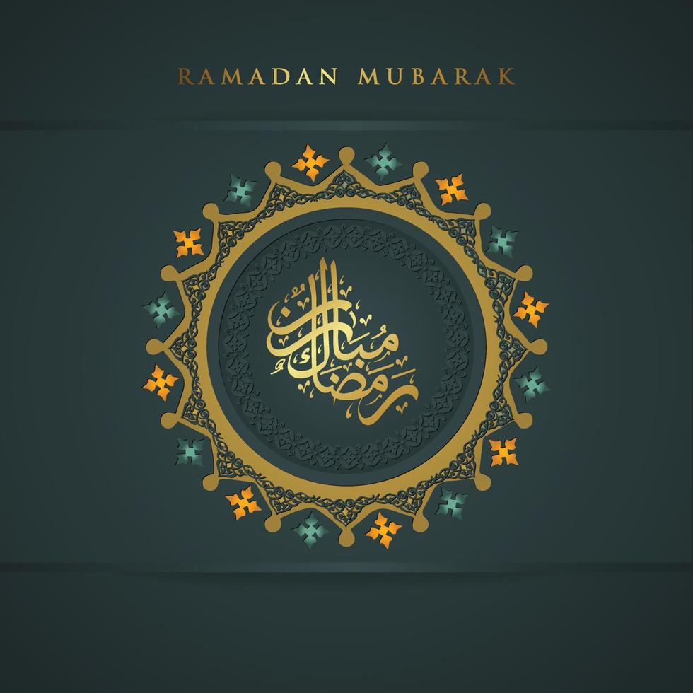 Luxurious design ramadan kareem with arabic calligraphy  and circle floral mosaic islamic art ornament background. vector