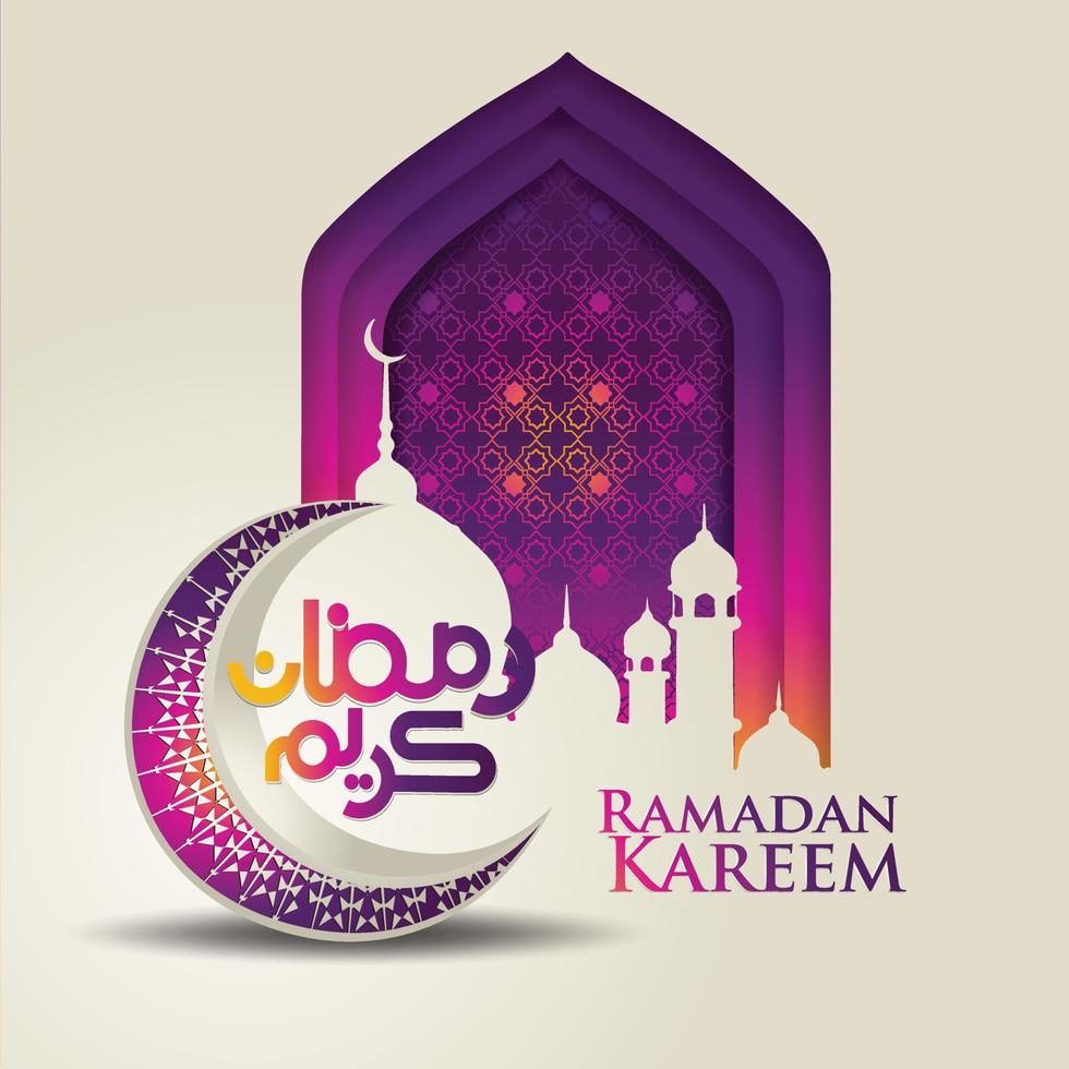 diseño lujoso y elegante ramadan kareem con caligrafía árabe, linterna tradicional y mezquita de puerta colorida de gradación para saludo islámico vector