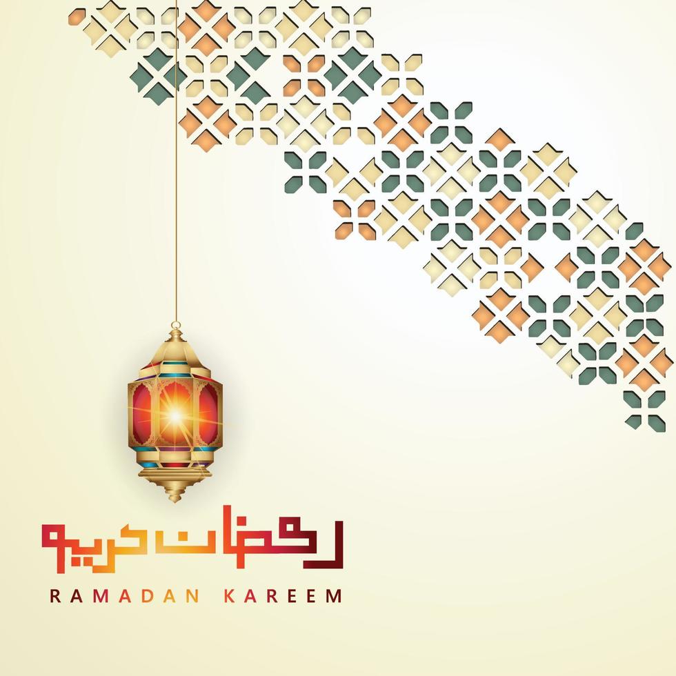 Luxurious design ramadan kareem with arabic calligraphy, crescent moon, traditional lantern and mosque pattern texture islamic background. Vector illustration.