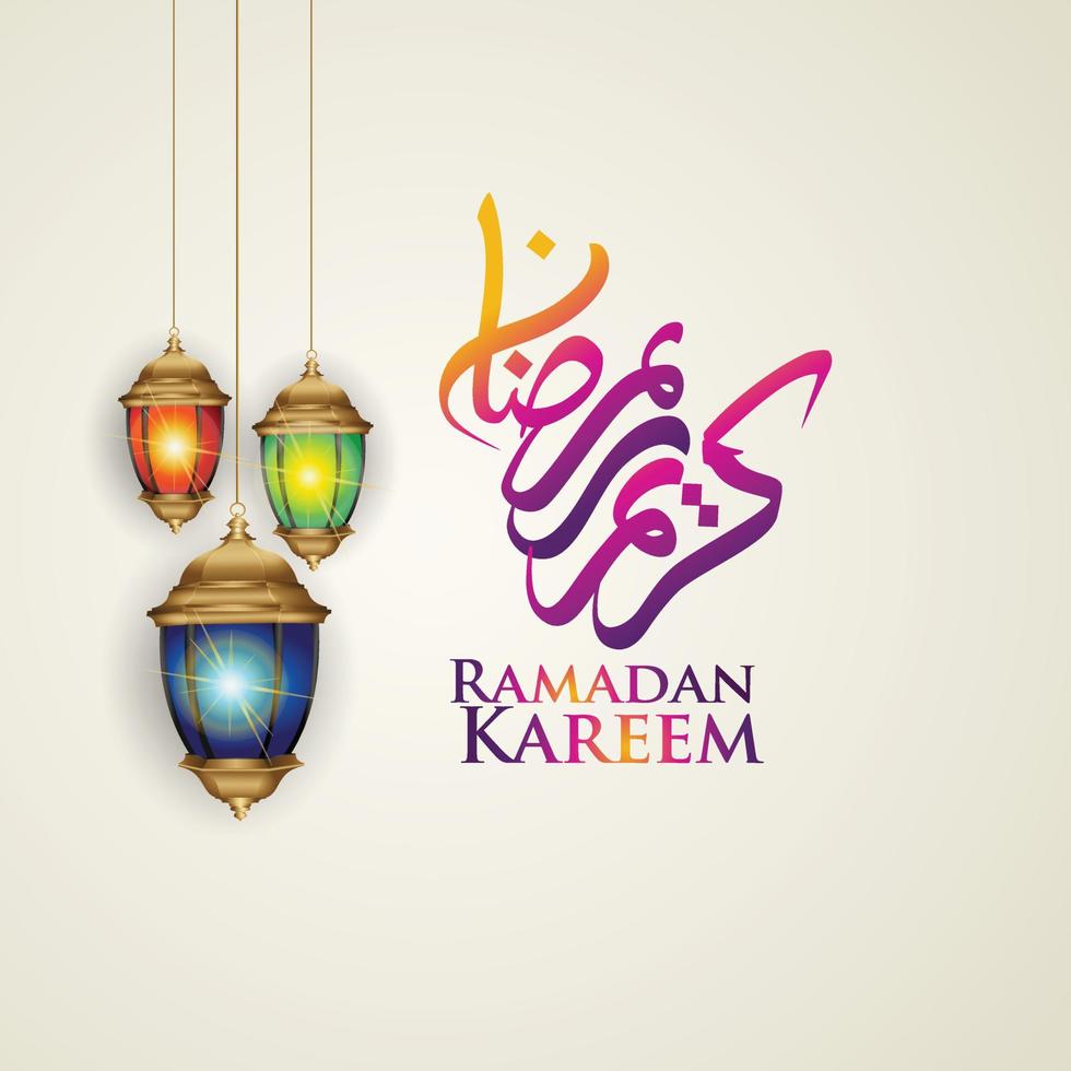 diseño lujoso ramadan kareem con caligrafía árabe, luna creciente, linterna tradicional y fondo islámico de textura de patrón de mezquita. ilustración vectorial vector