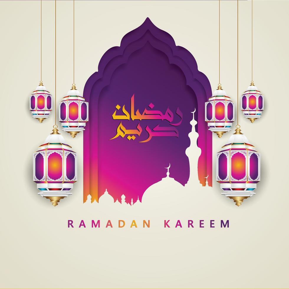 diseño lujoso y elegante ramadan kareem con caligrafía árabe, linterna tradicional y mezquita de puerta colorida de gradación para saludo islámico vector
