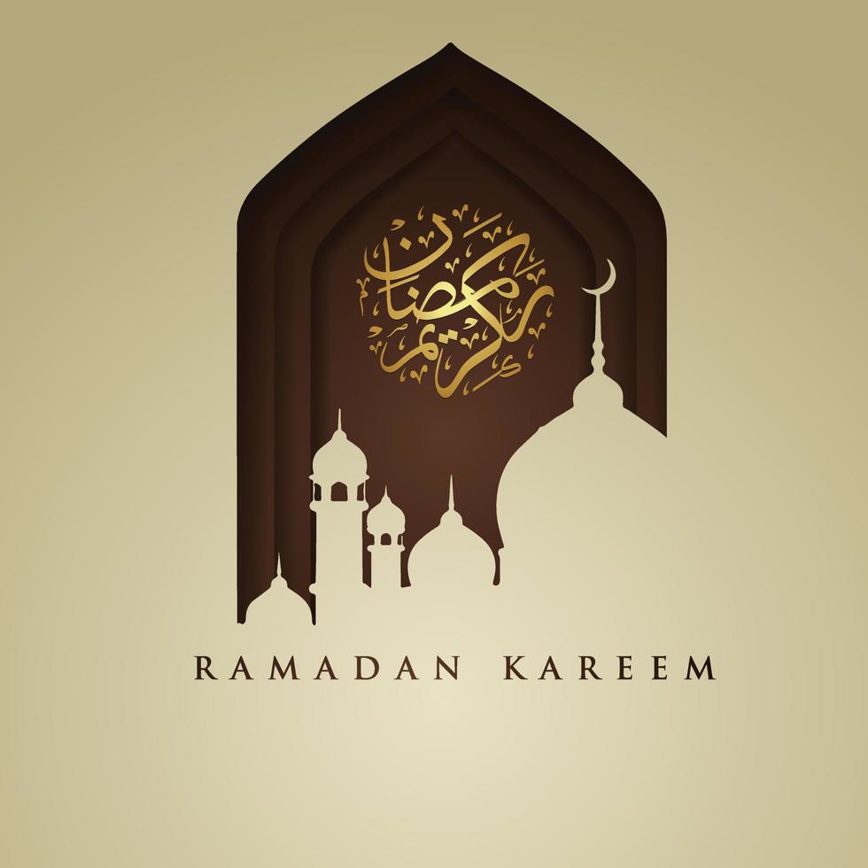 diseño lujoso y elegante ramadan kareem con caligrafía árabe, linterna tradicional y mezquita de puerta colorida de gradación para saludo islámico vector