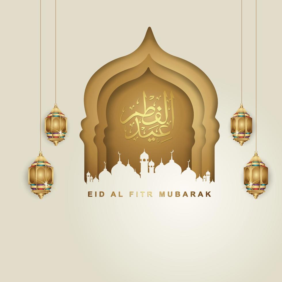 lujosa plantilla de diseño de saludo eid al fitr mubarak con caligrafía árabe, luna creciente y linterna futurista. ilustración vectorial vector