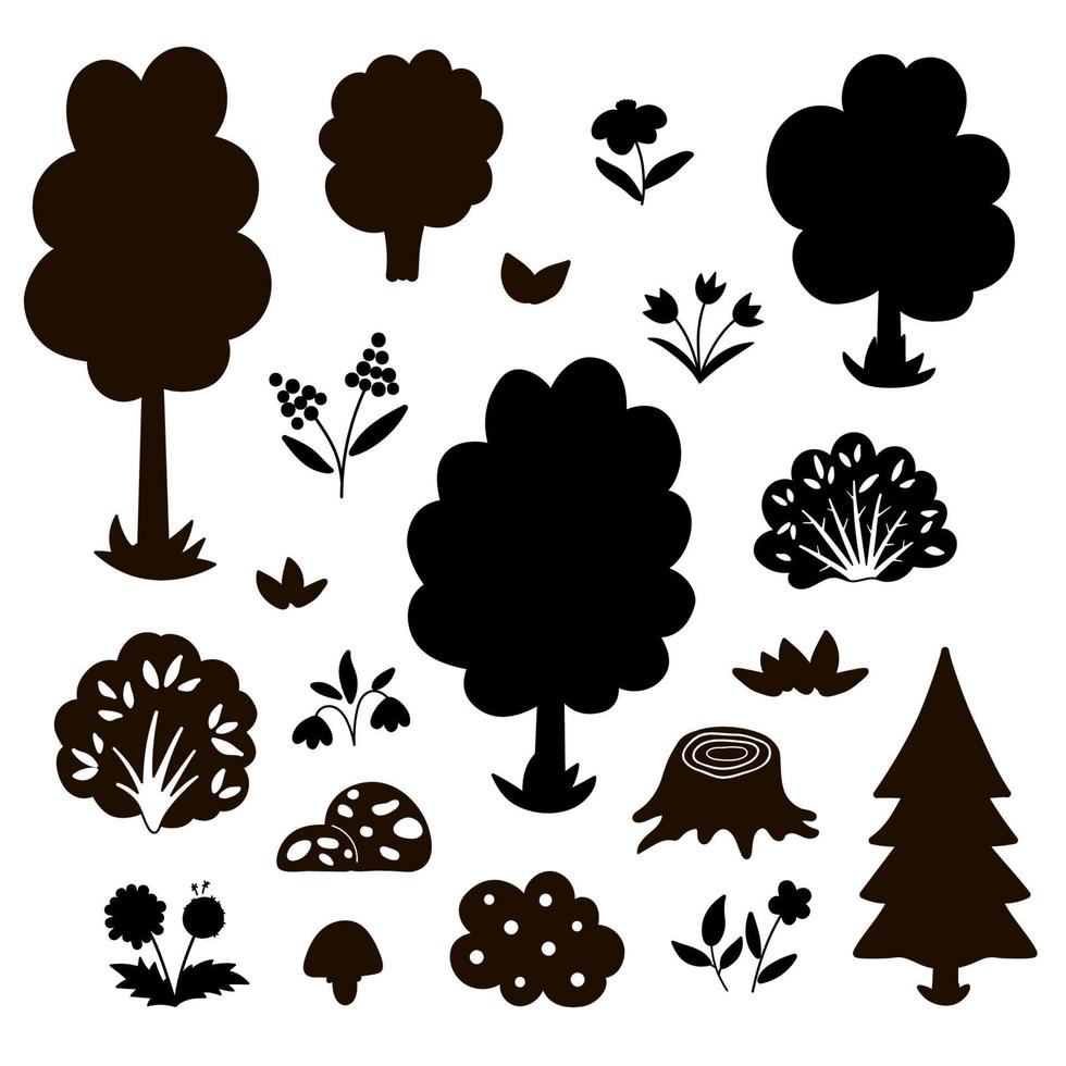 conjunto vectorial en blanco y negro con árboles de jardín o forestales, plantas, arbustos, arbustos, siluetas de flores. bosque de primavera o ilustración negra de granja. colección de iconos de vegetación de sombra natural vector