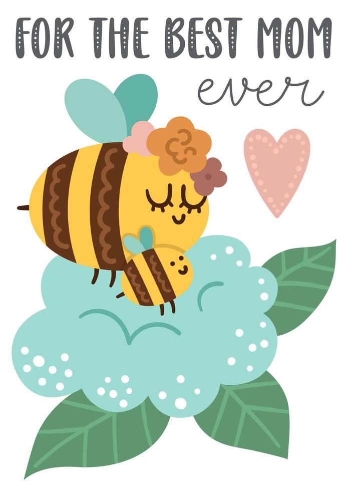 Vector Mothers Day card with cute boho insect. Pre-made design with bumblebee and mother. Bohemian style poster with bee family and flowers on white background.