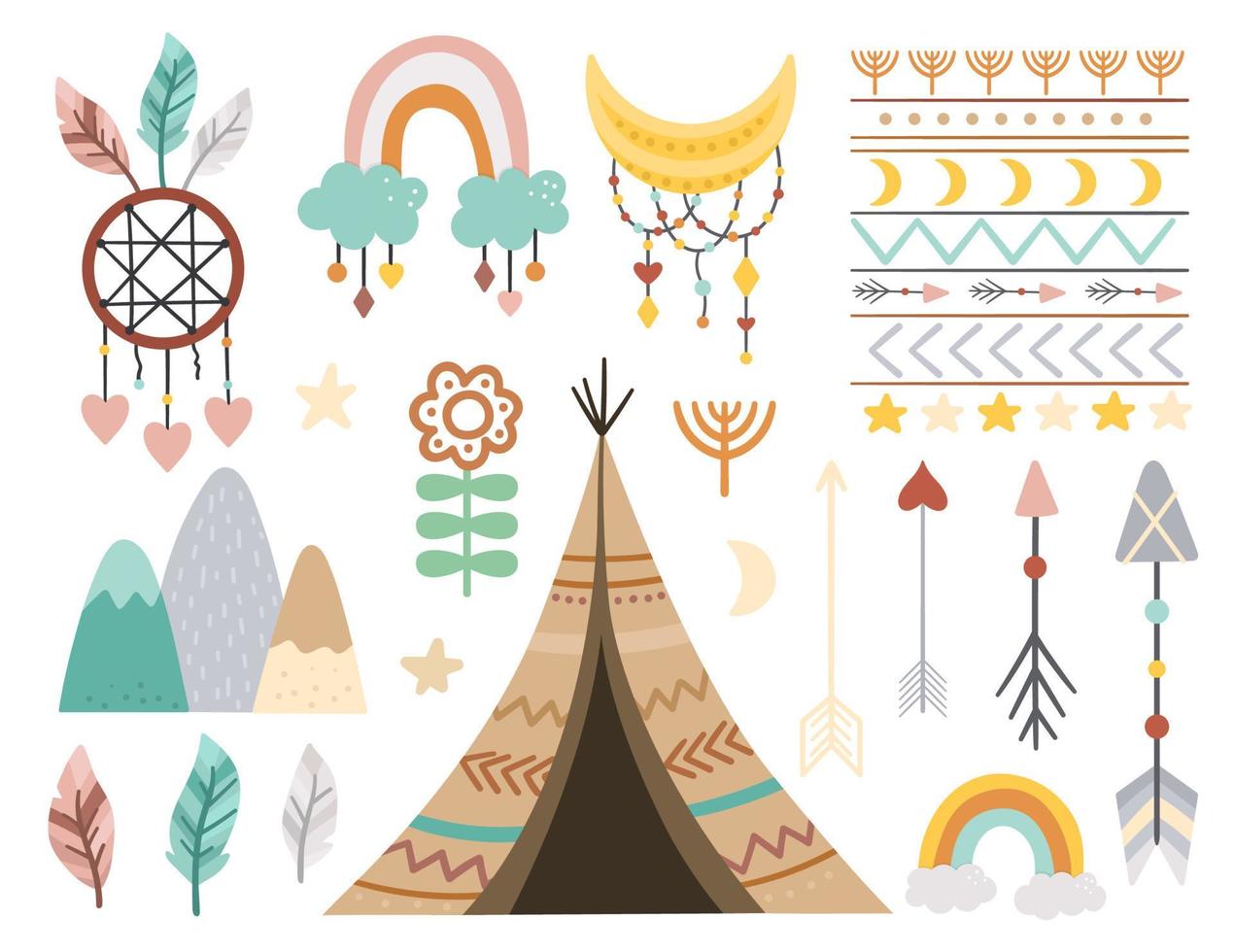 Vector boho elements collection. Bohemian half moon, wigwam, dream catcher, flowers, arrows, pattern, feathers isolated on white background. Celestial icons pack.