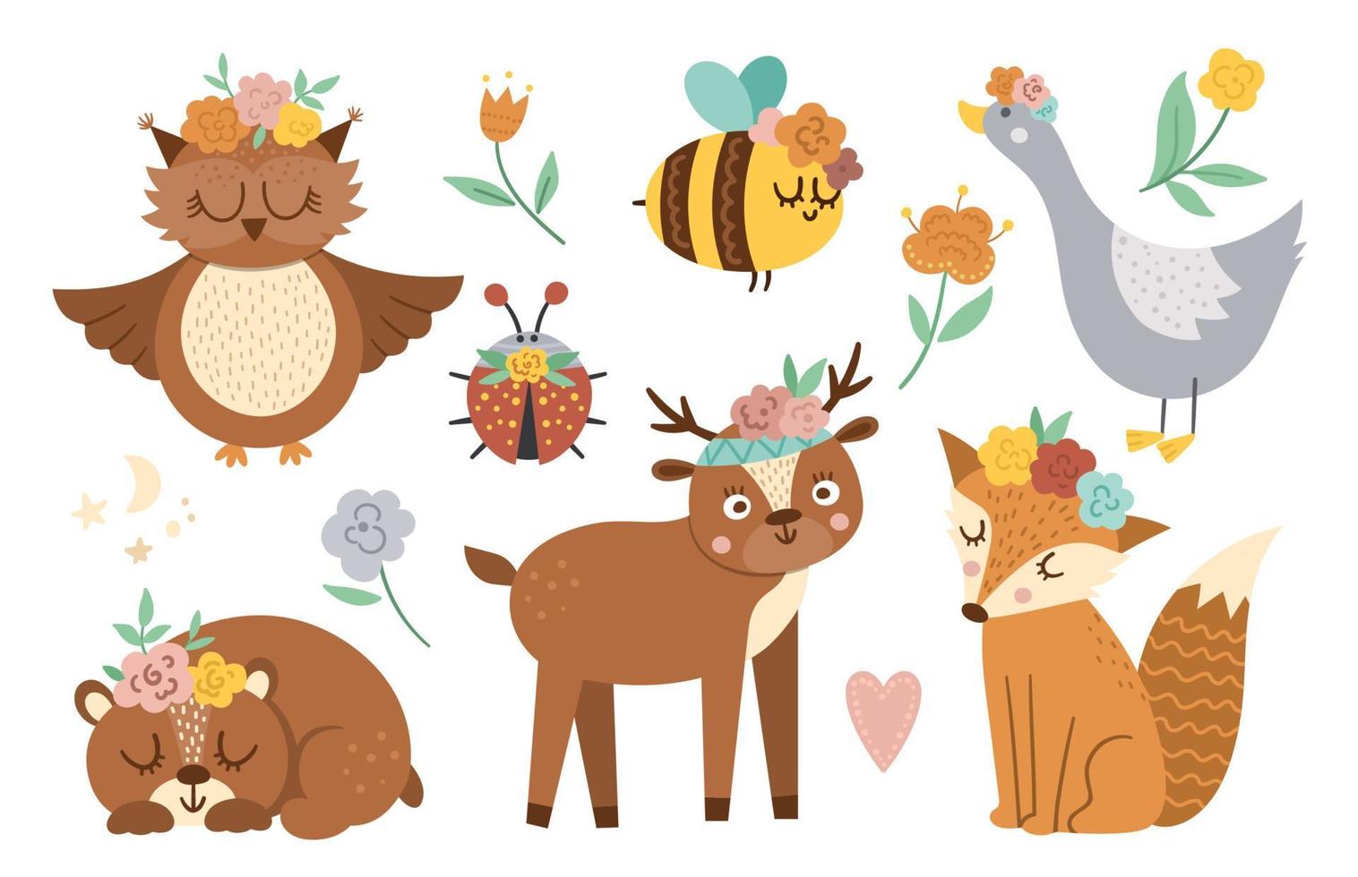 Vector woodland animals, insects and birds collection. Boho forest set. Bohemian fox, owl, bear, deer, ladybug, goose with flowers on heads. Celestial clip art pack with cute characters.