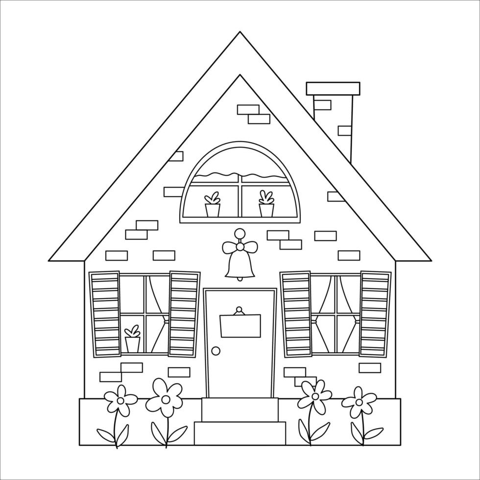 Vector black and white country house icon isolated on white background. Outline farm cottage illustration. Cute brick home with doorbell, plate, windows, curtains.