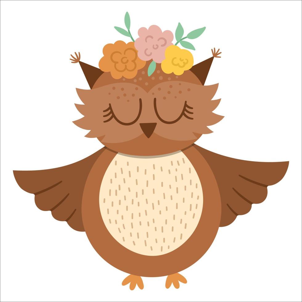Vector hand drawn owl with flowers on the head. Cute bohemian style woodland bird icon isolated on white background. Sweet boho forest illustration for card, print, stationery design.