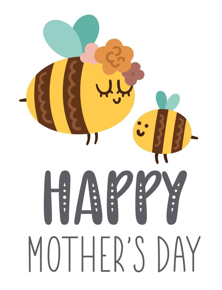 Vector Mothers Day card with cute boho insect. Pre-made design with bumblebee and mother. Bohemian style poster with bee family and flowers on white background.