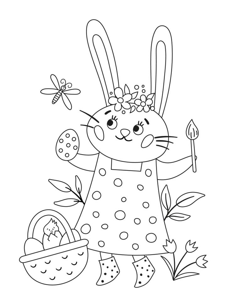 Vector black and white Easter bunny icon. Rabbit girl in dress with brush, egg, basket, dragonfly isolated on white background. Cute animal for kids. Funny outline spring hare picture.