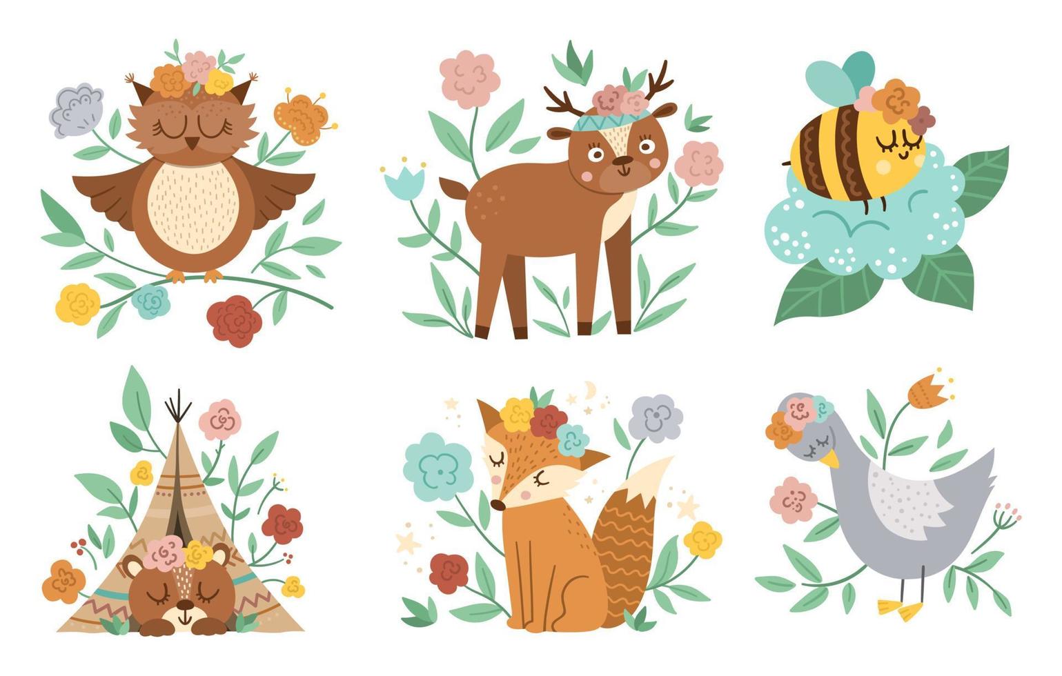 Vector woodland animals, insects and birds collection. Boho forest floral compositions. Bohemian fox, owl, bear, deer, goose with flowers on heads. Celestial clip art with cute characters for cards.