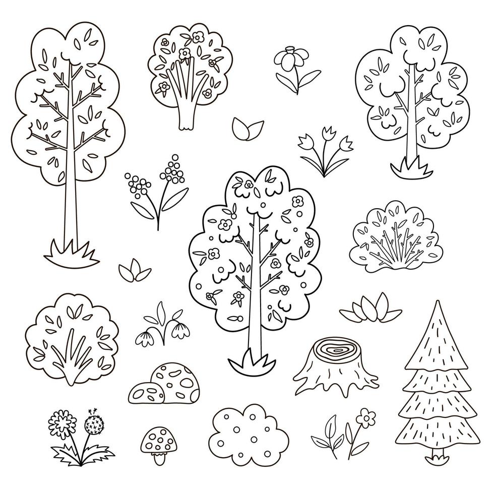Vector black and white set with garden or forest trees, plants, shrubs, bushes, flowers. Outline spring woodland or farm illustration. Natural line drawing greenery icons collection
