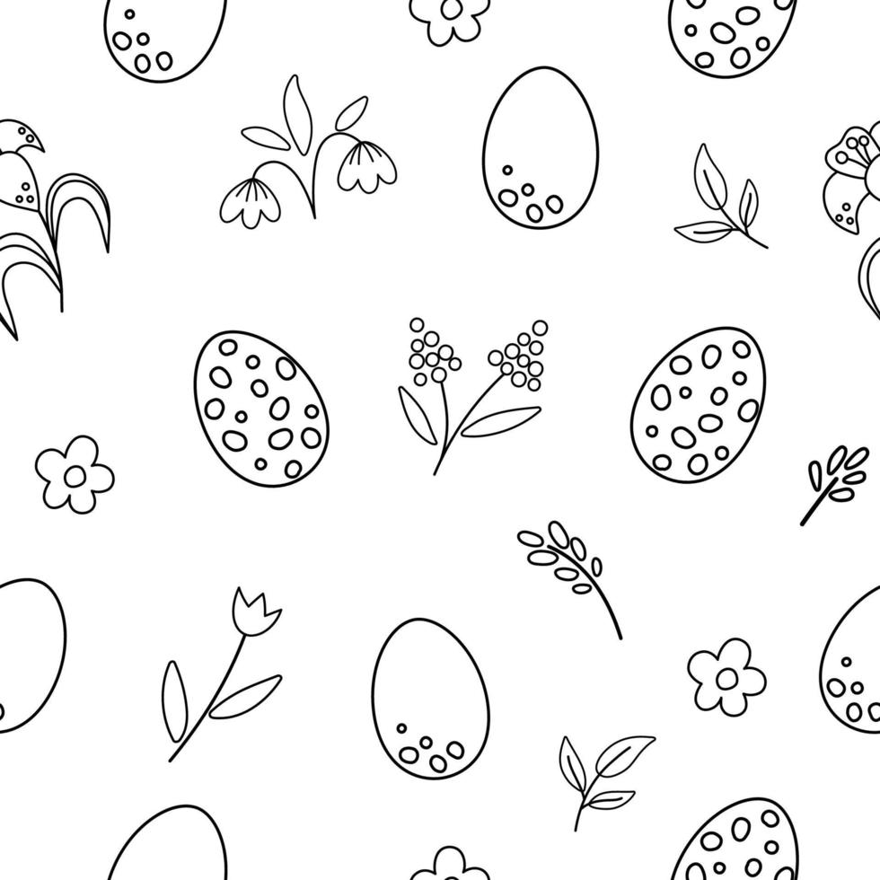 Vector Easter black and white seamless pattern with eggs and first flowers. Spring outline repeating background. Traditional holiday digital paper with life beginning concept