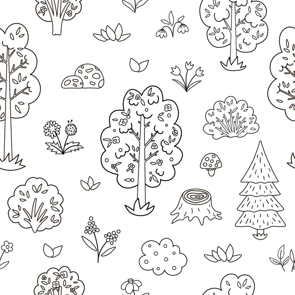patrón transparente de vector blanco y negro con árboles de jardín o bosque, plantas, arbustos, arbustos, flores. delinear el bosque de primavera o el fondo repetitivo de la granja. papel digital verde natural
