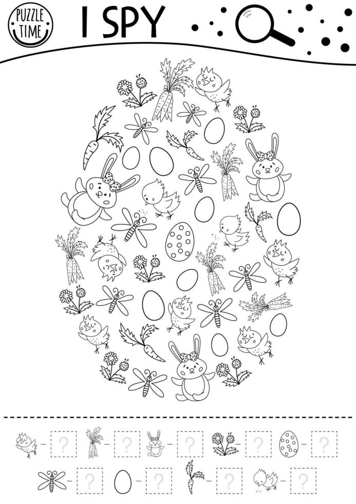 Easter black and white I spy game for kids. Searching and counting activity for preschool children with traditional holiday objects framed in egg shape. Funny spring line printable worksheet vector