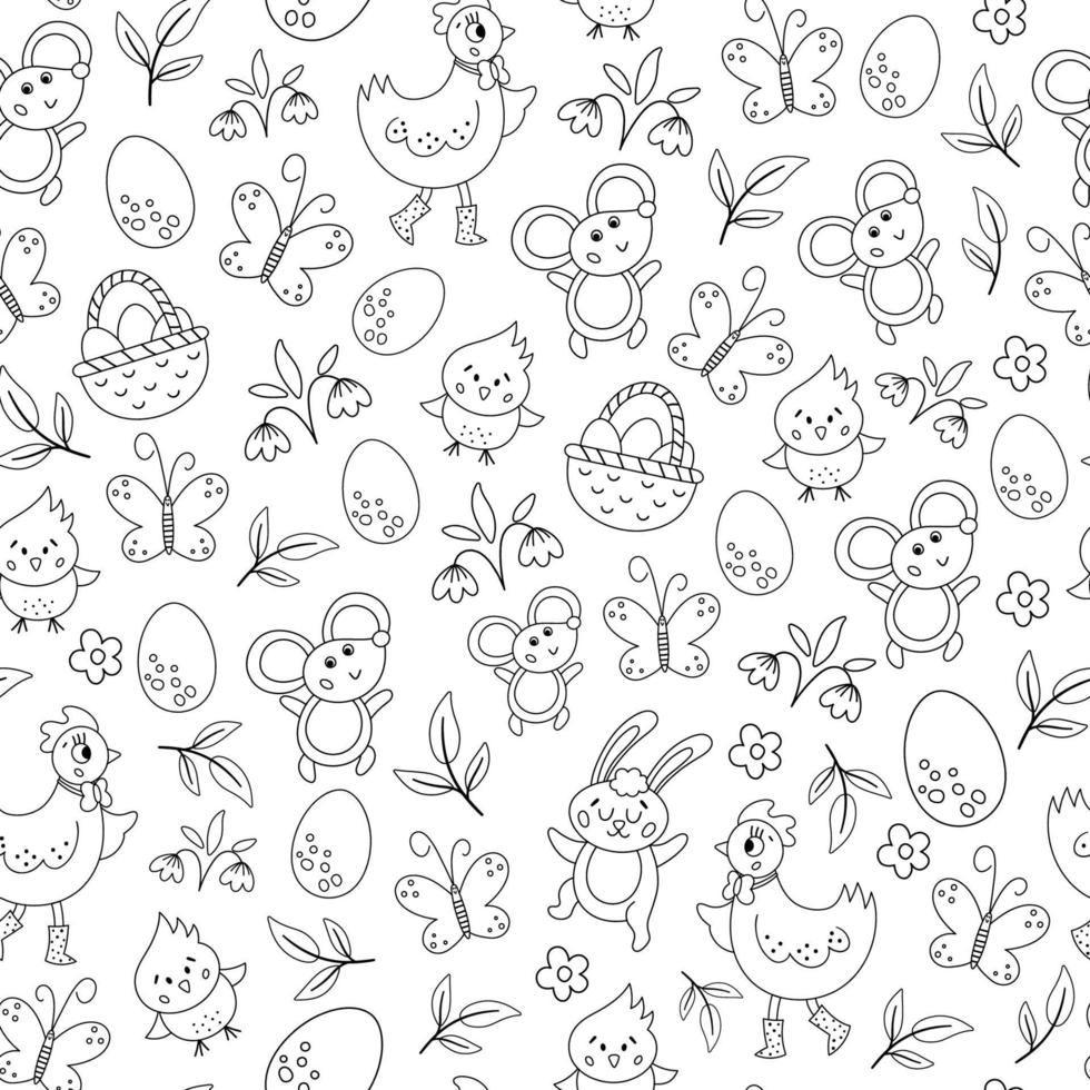 vector blanco y negro personajes de pascua patrón sin costuras. fondo repetitivo de primavera. Lindo papel digital animal de contorno para niños. textura divertida con pollo, gallina, mariposa, huevo, flores