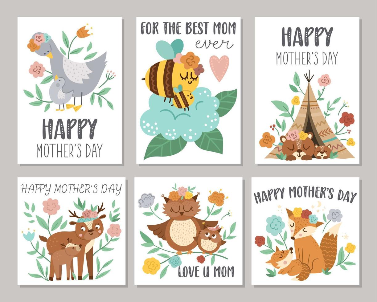 Collection of vector Mothers Day card with cute boho animals. Pre-made designs with woodland baby insects and birds with mothers. Bohemian style posters with fox, owl, bear, deer, goose, bee.