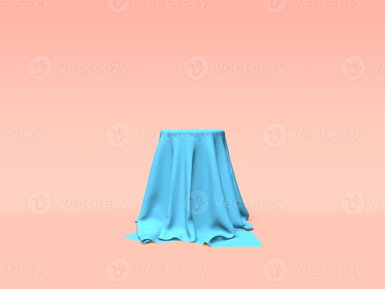 Podium, pedestal or platform covered with blue cloth on pink background. Abstract illustration of simple geometric shapes. 3D rendering. photo